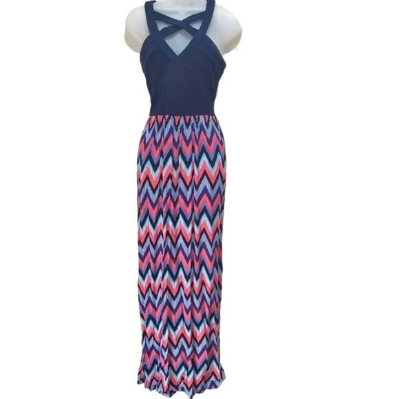 CRYSTAL DOLL Womens Dress SZ 7 Maxi Bandage V-Neck Navy Coral Crisscross Chevron - Picture 1 of 12